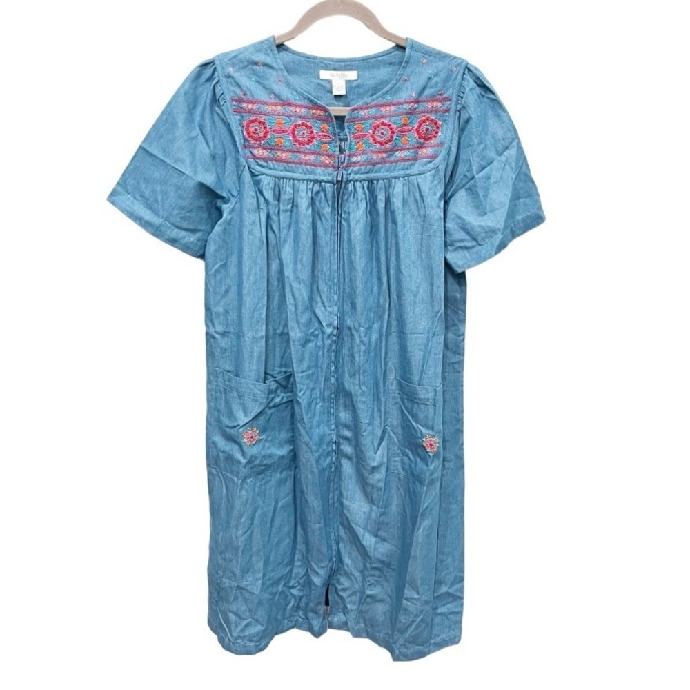 Go Softly Patio Blue Cotton Chambray Floral Embroidered Zip Front Muumuu Small